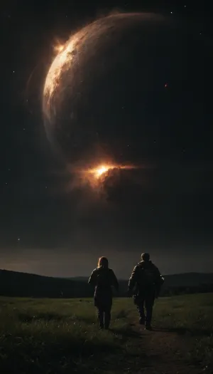 Landscape, dark night, low green grass, (black sky with a huge number of bright stars:1), (galactic arm in the sky:1), two human silhouettes on the grass looking up at the sky, ((ultra HD qwality 8k)), (In the background, a huge black-and-white, angular, highly detailed space cruiser with engines running and flames coming out of the nozzles), <lora:dark:1.3>, <lora:cindrt:2>