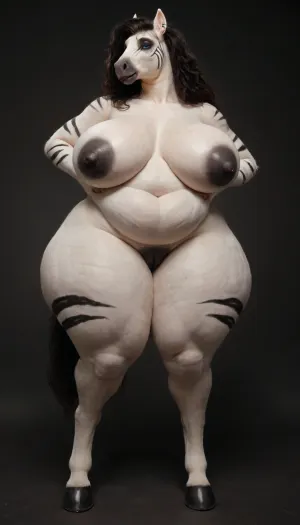 woman, ((Anthro, Character_tanya-winters_crowchild)), dark background, FULL BODY, huge breast, sexy chubby girl, alone, long horse face, nude, body covered in deep white fur, dark zebra stripes throuout fur, soft fur, very bright blue eyes, big tits, looking away, black lips, black lipstick, purple eyeliner, smooth fur, (black background), (perfectly scaled up:1.1), big saggy tits, very wide hips, thick thighs., ((huge tits, floppy tits, thick protruding nipples black nipples)), black vagina, long black maine, full lips, ((wide, very wide hips, thick cellulite hips)), ((belly bulges and sags, deep navel, thick cellulite belly)), super wide huge hips, fursuit, flabby belly, <lora:milkers_v2:.7>, <lora:Fur:.8>, <lora:FursuitXL:.8>, arabian, horse, friesian, centaur, <lora:Horsesv2:.8>