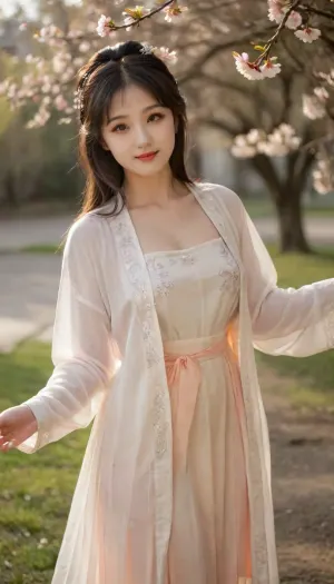 analog film photo A beautiful girl in beizi, smile, bangs, long hair, side, hair ornaments, (peach blossom designs), translucent light white beizi, smooth shoulder, (busty:1), cleavage, translucent light white short pleated short skirt, thigh, knees, full body, she is standing under a peach tree, petals flying, spring, beautiful sunshine, pretty light, beautiful face, long eyelashes, charming eyes, perfect bright eyes, highly detailed, translucent white szhf dress, . faded film, desaturated, 35mm photo, grainy, vignette, vintage, Kodachrome, Lomography, stained, found footage, from side, dawn, (breasts silhouette), backlight, <lora:szhf:2>, <lora:breasts silhouette XL:2>, <lora:ClearHand-V2:2>