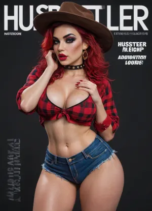 Hustler Vintage Magazine Cover, Radically black background, American beauty Twitch streamer with the most perfect and gorgeous ass in the world. arrogant, runs his finger across his face, huge bimbo breasts, bare chest, (silicone bulging big ass:1.18), (very wide hips:1.5), (slender perfect legs:1.1), (makeup:1.9), ruby hair, black cowboy hat, denim micro shorts, red checkered shirt, spiked collar, large expensive gold earrings, hustler, <lora:add-detail-xl:.8>, <lora:ThePitXL:1.1>, <lora:Hustler_Vintage_Magazine_74-84_SDXL:1.1>, <lora:Detailed_female_hands-000001:1.1>