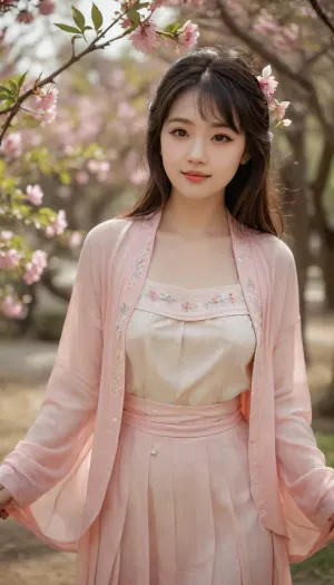 analog film photo A beautiful girl in short beizi, oriental, smile, bangs, long hair, tight, light pink short beizi, light pink pleated skirt, short skirt, knees, thigh, full body, broad shoulder, (busty:.8), squeezed cleavage, birth mark on chest, she is standing under a peach tree, petals flying, spring, beautiful sunshine, pretty light, beautiful face, long eyelashes, charming eyes, highly detailed, szhf dress, . faded film, desaturated, 35mm photo, grainy, vignette, vintage, Kodachrome, Lomography, stained, found footage, <lora:szhf:2>