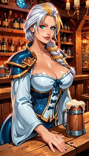 (Jaina_Proudmoore from Warcraft:1.4), reiq style, solo, close up, two-tone hair, single braid, blue mage robe, (voluptuous body), large cleavage, white corset, looking at viewer, (smirk), leaning over wooden table, beer mug, ((mature)), night, fantasy, tavern, candlelight, SamDoesArts, <lora:detailed_notrigger:1>, <lora:add-detail-xl:.8>, <lora:LCMTurboMix_Euler_A_fix:.8>, <lora:SDXLSamDoesArts:.5>, <lora:EnvyBeautyXL05:.4>