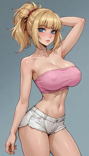 Score_9, score_8_up, score_7_up, (reiq meets innv and markgavatino style:1), 1woman, blonde hair, tied hair up ponytail, ((big breasts)), boobies bulging out top, wearing a tight pink tube top and red micro shorts, dynamic pose, <lora:ratatatat74-000050:1.9>, <lora:cartoon_stickers_xl_v1:.8>, <lora:LCMTurboMix_Euler_A_fix:1.8>, <lora:detailed_notrigger:1.5>, <lora:hentai_anime_style_xl_v1:1.6>