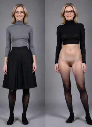 ((Classic Mature german Woman 55 years old)), tall and skinny body, pale skin, hairy genitals, long darkblonde hair, 55 years old mature woman, slim body, (full body in view full nude with hairy pussy), skin with stretch marks, (same person, same pose, same angle), (2Split screens, 2split views, onoff:1.2), (wearing a long pleated skirt a black turtleneck top, glasses, black tights and black chelsea boots), BREAK, (gray background), smiling, perfecteyes, <lora:OnoffXL_ExtraCrispy:.5>, <lora:PerfectEyesXL:.8>