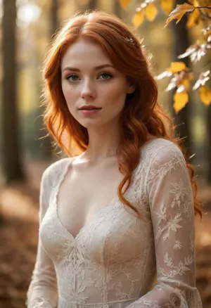 fantasy art, beautiful red-haired woman, freckles, large golden eyes, soft light, autumn leaves floating, lace dress, delicate, soft focus background, sunlight filtering through trees, ethereal, fantasy, dreamy, glowing sparkles, detailed hair strands, warm colors, serene expression, slight smile, upper body focus, magical atmosphere, soft lighting, detailed textures, fantasy portrait, autumn theme, intricate lace, feminine, enchanting, soft light and shadows, close-up shot. /©KlTTY-ART/