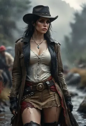 Monochrome, Wild West 1790, backside view of a super sexy athletic and flat-chested gunslinger riding her horse through the Rocky Mountains on a hard rainy day, (hard rain:1.3), (soaked wet clothes:1.3), she wears, (a wet long beige dirty used coat:1.3), underneath a wet white cotton rough men's shirt with buttons, (a wet dark red miniskirt:1.4), (black fishnet stockings:1.4), cowboy boots, (a cartridge belt with a pistol holder around her waist:1.4), her very wet black hat is pulled low over her face, perfect face, perfect hands, dangerous aura, leaning forward against the rain and mist, wet perfect horse, breathtaking nature, (oil lamp in one hand:1.3), warm golden lamplight, emphasizing a cinematic, dystopian cowboy atmosphere, art Style & Technique is a dirty old style, Ultra-realistic digital painting with cinematic depth of field. Highly detailed texturing on leather, skin, and hair, dramatic contrast lighting and warm dusty tones, a sharp foreground focus and a slightly blurred background to create depth, masterpiece, best quality, ultra-detailed, cinematic lighting, wild west, smoking weed, cannabis, Ultra-realistic Western art, highly detailed, cinematic moody lighting, tense but charismatic atmosphere., crowd, of, people, FRESHIDEAS, Real, Photography, 2#, Black, and, white, art, black, shading, charcoal, toned, brutal, dark, b/w, color, scheme, kisyu, horse, riding, <lora:FRESHIDEAS Real Photography 2#:.8>, <lora:MJ52:.8>, <lora:Black and white art.V1:1.9>, <lora:kisyu_XL_V1.0:.8>