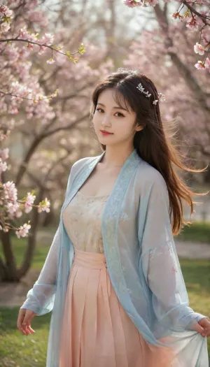analog film photo A beautiful girl in beizi, smile, bangs, long hair, side, hair ornaments, (oriental designs), translucent light blue beizi, smooth shoulder, (busty:1), cleavage, translucent light pink short pleated mini skirt, thigh, knees, full body, she is standing under a peach tree, petals flying, spring, beautiful sunshine, pretty light, beautiful face, long eyelashes, charming eyes, perfect bright eyes, highly detailed, translucent szhf dress, . faded film, desaturated, 35mm photo, grainy, vignette, vintage, Kodachrome, Lomography, stained, found footage, from side, dawn, (breasts silhouette), backlight, <lora:szhf:2>, <lora:breasts silhouette XL:2>, <lora:ClearHand-V2:2>