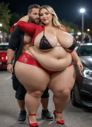 (masterpiece, best quality), (location is a parking space with a red super sport car in background at night), (standing), (1 fat woman + 1 muscular men), ((A very lush and voluptuous very beautiful short Swedish 20-year-old plus size girl with a very pretty chubby face and very long blonde hair wearing red leather shorts and a black biker jacket with red details and black bra underneath and high heels:1.2)), ((1 tall handsome athletic muscular man with a big beard behind the women who grabs on her thick thighs and breast:1.6)), very realistic blue eyes, (bronze tanned skin:1.4), lips parted, perfect heavy sexy bimbo makeup, red lipstick, ((fertile goddess)), (small soft natural teardrop breasts:1.2), (fat girl:1.4), (morbidly obese girl:1.4), (wide hips:1.2), (fat bubble butt:1.2), (chubby thighs:1.2), (chubby belly:1.2), (chubby girl:1.4), (very chubby face:1.6), (very chubby cheeks:1.6), (chubby neck:1.2), (chubby arms), seductive eyes, sexy head-tilt, captured with a Leica M10, Leica Summilux 50mm f/1.4 lens, sharp focus, best shadow, score_9, score_8_up, 8K, UHD, clear image, extremely sharp, extremely detailed, extremely intricate detail, high res, ultra-high-definition, highly detailed, ultra-sharp textures, finely detailed, perfect skin texture, hyperrealistic lighting, professional photography, full dynamic range, deep contrast, high clarity, realistic depth of field, HDR, perfect exposure, smooth gradients, volumetric lighting, natural reflections, ultra-fine details, realistic skin pores, individual hair strands, bokeh, soft shadows, color-graded, NEGATIVE_HANDS, igbebe, <lora:attractive_notrigger:1.8>, <lora:IG_Babe:1.9>