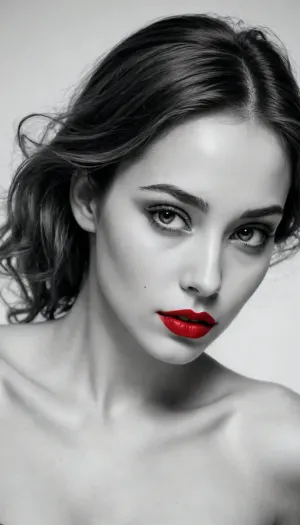 Minimalistic, ((pen and ink art)), on paper, b/w, red paint on lips, depicts a young woman, exquisitely portrayed with graceful lines and subtle curves. Her face is a captivating blend of vulnerability and strength. The reduced canvas emphasizes her presence. /©KlTTY-ART/