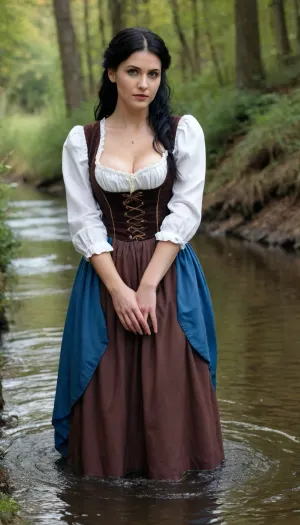 a gothic peasant woman in a medieval brown dress, corsage, open white blouse, partly naked tits, long blue skirt, neckline, black hair, blue eyes, a mature woman of 40 years old, with medium nice breasts, medium wide hips, gergeous ass and a shaggy pussy, kneels in water of a forest stream and washes dress by hands, full body view, ((oktoberfest dress)), (((masterpiece, the best quality))), (gothic castle, ears, sickle, sheaves), <lora:220437_training_data:1>