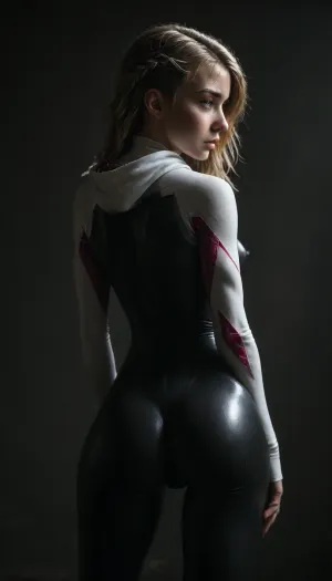 (((18 years old))), (((young))), (shy and embarrassed:1.4), (spider girl Gwen Stacy), Braided side Side Cornrows Hair, (tight outfit), (athletic body:1.5), (hip gap:1.3), wide hips, (narrow waist:1.4), (blonde with pink strands), leaning forward, (clubfoot), (view from full behind:1.6), (makeup), New York day, ((pussy cameltoe:1.4)), (shining wet clothes), (makeup:1.2), (oiled skin:1.5), (wet shining tight bodysuit:2), hand, 1girl, (athletic ass:1.8), (big natural breast:1.5), (high detailed face:1.5), dim lights, (hard nipples:1.3), (chiaroscuro lighting:.3), <lora:HandFineTuning_XL:1>, <lora:MGLRbodysuit_sdxl:.6>, <lora:uberfit_lora_sdxl:.4>, <lora:dark:.3>