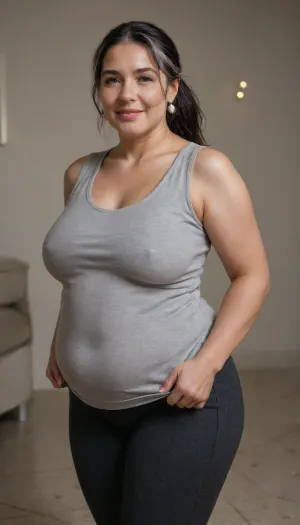 (obese:1.3), (milf:1.2), 60 years old chubby gilf, sagging, (wearing a plain black sleeveless t-shirt, high-waisted leggings:1.3), tanned skin, (wavy silky black hair with gray highlights:1.3), ponytail, bangs, voluptous, (chubby mature face), glamour, cinematic, hyperrealistic, 5k, best quality, (8k, RAW Photo, Highest Quality), (Epic Realism), Hyper Realistic, (Detailed Eyes), (Superior Quality), Intricate Detail, Cinematic, plump lips, no makeup, striking eyes, full lashes, juicy lips, voluptuous lips, lipstick, Detailed, (film grain length, 135mm, f/2.8, DoF, bokeh, ultra-detailed skin, wrinkles, (captivating perfect bright green eyes), skin pores, prominent limbal ring, high-contrast eyes, finely detailed features), (mouth open wide), o shape mouth facial expression, smiling, epiCNegative, suntanned skin, photo, in, phst, artstyle, BadX, wrinkles, <lora:SDXL1.0_Essenz-series-by-AI_Characters_Style_BetterPhotography-v1.2-'Skynet':.8>