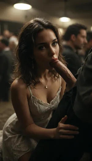 A 20-year-old bridesmaid, (kneels under a table:1.2), (sucks cock of sitting man:1.2), end of the wedding reception, wears an elegant white dress, looking up, sweaty, disheveled hair, fellatio, blowjob, man looks down to her under the table, she hides under the table, several drunk party guests dancing in the background, night, moonlight, indoors, ballroom, ambient light, shot from above, haze of cigar smoke in the air, filled with dust and smoke, emphasizing a cinematic, dystopian atmosphere, art Style & Technique is a dirty old style, Ultra-realistic digital painting with cinematic depth of field. Highly detailed texturing on leather, skin, and hair, dramatic contrast lighting and warm dusty tones, a sharp foreground focus and a slightly blurred background to create depth, masterpiece, best quality, ultra-detailed, cinematic lighting, old west, highly detailed, cinematic moody lighting, tense but charismatic atmosphere, crowd, of, people, cloudy, smoke, atmospheric, clouds, fog, <lora:crowd_notrigger:.8>, <lora:MJ52:.4>, <lora:dark:.1>, <lora:Cloudy_Style:.6>, <lora:attractive_notrigger:.3>