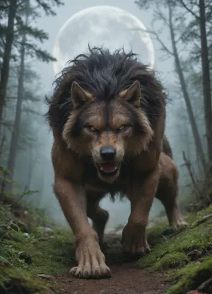 A pack of three werewolves prowling by moonlight, facing the viewer. A forest in the background. A moon high in the sky. Dynamic action shot of movement. Dark mythic fantasy art painting.