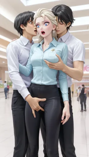 Surprised, look away, elsa, (groping her exposed pussy + fingering pussy), white collared shirt, Black pants, black hair male fingering through clothes, male hand in female pants, standing, mall background, (Comfyui with controlnet), Model