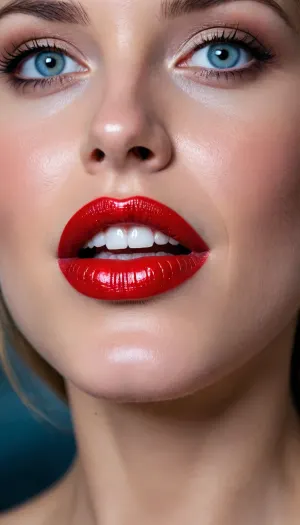 Red lips, wet lips, glowing lips, white teeth, bkue eyes