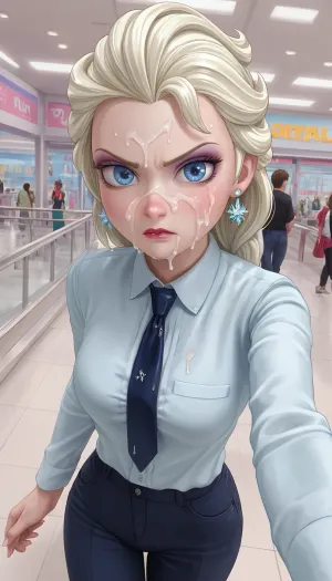 Elsa, Look a viewer, cum on face, facial cum, angry, walking, in mall, Model, white collared shirt, selfie
