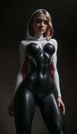(((18 years old))), (((young))), (spider girl Gwen Stacy), Braided side Side Cornrows white Hair, (seductive shy face), ((tight outfit)), (athletic body:1.5), (athletic abs and legs), (hip gap:1.3), ((wide hips)), (narrow waist:1.7), (white hair), (view from behind:1.6), (view from below:1.5), (overhead view), (clubfoot), ((leaning forward)), ((standing)), (makeup), ((pussy cameltoe:1.2)), (wet clothes:1.3), (makeup:1.4), (oiled skin:1.7), ((wet tight bodysuit:1.8)), hand, 1girl, (athletic ass), (high detailed face:1.5), dim lights, (hard nipples:1.2), (big perky boobs:1.34), big breast, (chiaroscuro lighting:.3), <lora:HandFineTuning_XL:1>, <lora:MGLRbodysuit_sdxl:.6>, <lora:uberfit_lora_sdxl:.4>, <lora:dark:.3>