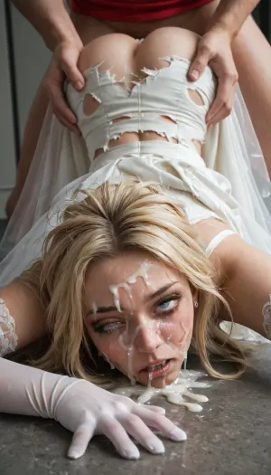 (((Diagonal side view))), (((scared face:1.3))), (wide eyes:1.2), (((one eye half closed:1.4))), (rolling eyes:1.6), (smeared eyeliner, running eyeliner), (hair being pulled back), (messy hair:1.1), blonde hair, (((cum on face:1.5))), medium breast, white elbow gloves, (torn wedding dress), torn white stockings, (cum leaking from pussy), (cum on her mouth), cum on legs, cum on pussy, cum on hair, cum covered, looking up, (((fully clothed))), on all fours, (head down, ass up)