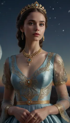 elegant young woman, wearing a light blue metallic dress with gold patterns and transparent sleeves, a gold tiara with precious stones adorning her head, earrings, an amulet pendant hanging on her neck, thin eyebrows, regular facial features, standing on a lifeless planet, only the outer space of the universe is visible in the sky, twilight, evening lighting, photorealism, high quality, high detail