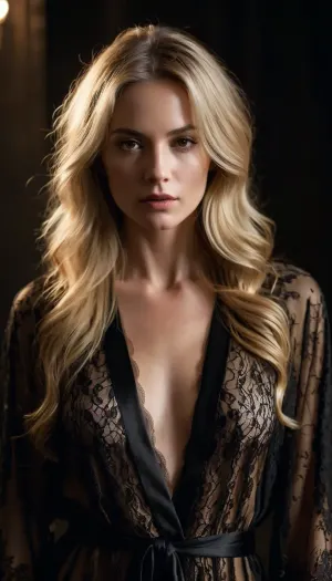 A stunning, sensual woman with long, tousled blonde hair stands against a softly lit, dark textured background. She is wearing a sheer, black lace robe. Her pose is elegant and introspective, with her head slightly tilted down and eyes closed, exuding confidence and vulnerability.