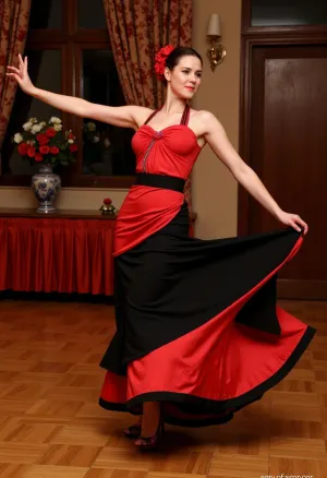 Professional photography, unusual, original, artistic, warm, slightly dark, soft professional photography {colorful Spanish woman in red and black bata de cola dress, (performing flamenco:1.8), (clearly conveying the dynamics of a passionate, fiery dance), against the backdrop of an old-fashioned dance floor, Associated Press photo, editorial photo, Photo of the Year, soft contrast, soft saturation