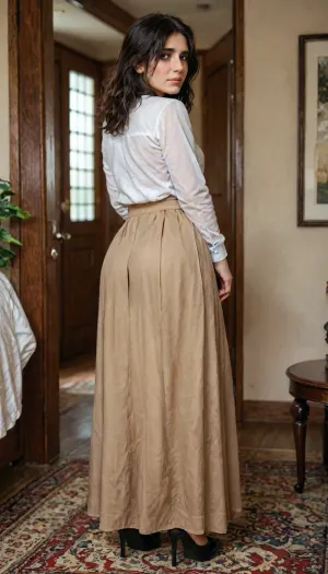 8k, score_9, score_8_up, score_7_up, FILM PHOTOGRAPHY STYLE, cinematic photo photo woman, professional portrait photorealism, pieck finger from attack on titan, luxury bedroom, wolfcut, dark hair, clear eyes, tired eyes, white shirt, long skirt, brown pleated skirt, exessive cum on skirt, conservative clothes, ultra tight waist, arch back, large hips, bulging ass, brown platform heels, hdr, no blur, back view, <lora:add-detail-xl:1.1>, <lora:detailed_notrigger:2>, <lora:LCMTurboMix_Euler_A_fix:1.6>