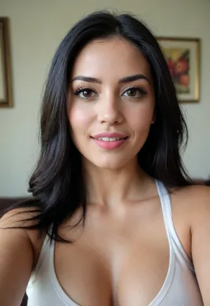 32 yr old, Mexican woman, large tits, selfie for boyfriend, long black hair with blonde highlights, polo shirt, make up, flirtatious smile, full lips