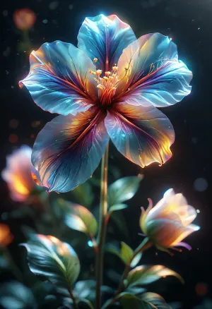 (ziprealism:1.5), 22 years old, DonMSp3ctr4lXL, Glowing, Flower, mad-2cbrrm, mad-1cbrrm, <lora:[XL]focus:1.3>, <lora:DonMSp3ctr4lXL-000008:2>, <lora:Glowing Transparent Flower:.9>, <lora:Neon_Cyberpunk_Cyberarm_SDXL:1.9>, <lora:MJ52:1.9>