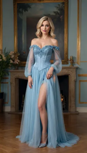 woman standing, Full body view, Masterpiece, best quality, ultra HD, hyper-realistic, high res, ultra realistic 8k cg, explicit, Fully clothed, trashy blonde 45yo milf, wearing duck shell blue tulle maxi dress, long sleeved A-line evening dress with a satin bustier style bodice, satin petticoat, bustier is covered with tulle fabric to create an off the shoulder look and finished with floral details, wearing stockings, heels, indoor scenery, posing to seduce her partner, woman smirking