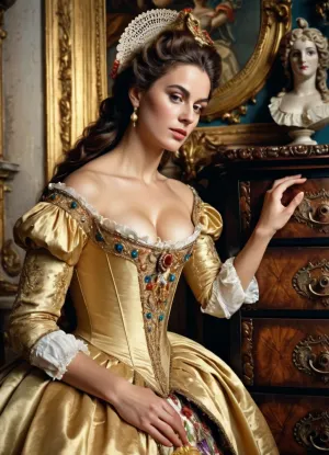 ((masterpiece)), (high quality:1.2), (photorealistic:1.1), A beautiful noble Venetian woman of the 18th century, dressed in a luxurious carnival gown with a plunging neckline, reaches for a Venetian carnival half mask lying on an antique carved gilded chest of drawers, seen in half profile, <lora:Detailed_female_hands-000001:.8>