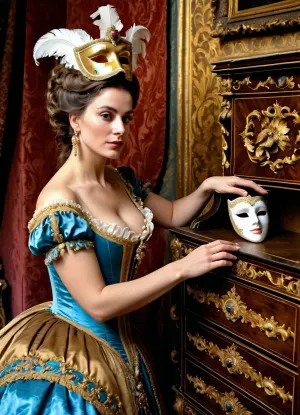 ((masterpiece)), (high quality:1.2), (photorealistic:1.1), A beautiful noble Venetian woman of the 18th century, dressed in a luxurious carnival gown with a plunging neckline, reaches for a Venetian carnival half mask lying on an antique carved gilded chest of drawers, seen in half profile, <lora:Detailed_female_hands-000001:.8>
