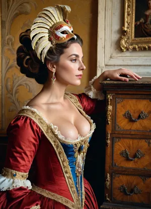((masterpiece)), (high quality:1.2), (photorealistic:1.1), A beautiful noble Venetian woman of the 18th century, dressed in a luxurious carnival gown with a plunging neckline, reaches for a Venetian carnival half mask lying on an antique carved gilded chest of drawers, seen in half profile, <lora:Detailed_female_hands-000001:.8>