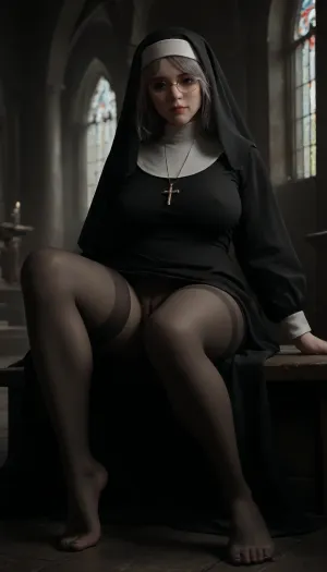 upskirt view, full length, old fat milf nun sits with her very fat thighs spread, nun is dressed, nun's cassock is short, very mature fat nun sits on a church bench with her very fat thighs spread, nun has sagging breasts, age wrinkles on her body, age wrinkles on her face, age wrinkles on her chest, freckles on her chest, freckles on her face, glasses, nun is wearing nylon tights, gray hair, nun's fat thighs are spread so that her pussy is visible, gray pubic hair, nun is barefoot, spreads her very fat thighs seductively, nun without panties under her cassock, smiling, drops from pussy, boy dressed in rich 18th century clothes kisses nun's pussy, (photorealistic), (realistic), dark rich gothic palace, night, red-blue neon lighting, 1D, seamless, pantyhose, 20D, legs, up, spread, sitting, <lora:dark:2>, <lora:detailed_notrigger:2>, <lora:CinematicStyle_v1:2>, fixl-art, seethru, <lora:seethruv3_SDXL:.8>