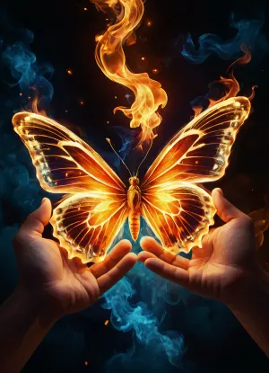 one pair of open hands present a magical fiery butterfly, firecd_xl, novuschroma82, style, <lora:firecd_xl-000017:.1>, <lora:SDXLFaeTastic2400:.5>, <lora:novuschroma82 style:1.5>