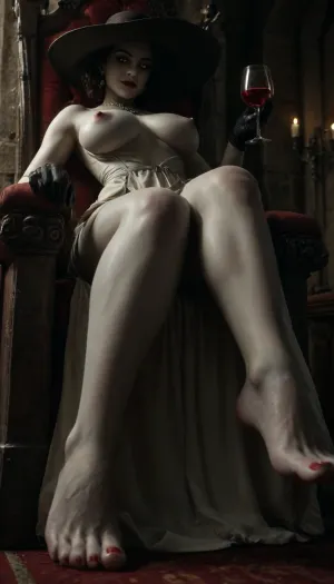 reiq style, markgavatino art style, (Alcina Dimitrescu:1), (white skin:2), black leather gloves, sitting on throne, black garter belt, (white dress with black flower lapel pin), holding a glass of red wine, view from below, focus on feet, (large perky breasts:1.4), perfect feet, detailed feet, (five toes on each foot), (red toenails:1), detailed eyes, piercing eyes, (glowing yellow eyes), small seductive smile, legs crossed, cinematic lighting, (in an old dark castle:1), breasts, cutout, clothing, nipples, <lora:MJ52:1.1>, <lora:dark:.7>, <lora:2BoutOvalSDXL2-000002:.8>