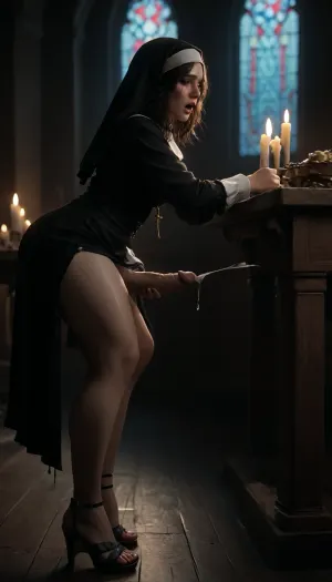 very mature milf, old fat nun, futanari, 60 years old, small breasts, cumshot, lots of cum on fat thighs and feet, lots of cum on sandals, futa masturbates near the table, cums on the table, cum on the table, solo, dick, masturbation, bent over, arched, facing the table, holding on to the table, freckles, makeup, smeared makeup, lots of cumshot, tears, crying, moaning, closed eyes, futanari masturbation, undressing, dark heeled sandals, open mouth, gray disheveled hair, nun's clothes, medium length hair, dark gothic church, wet clothes, wet skin, wet body, cum on thighs, very big fat ass, very big fat thighs, big massive thighs, cum on monastic cassock, side view, (photorealistic), (realistic), night, red-blue neon lighting, 20D, <lora:dark:2>, <lora:detailed_notrigger:2>, <lora:CinematicStyle_v1:2>, <lora:Adjust_SDXL_v3.0:2>, erect-futa, erect-penis, woman, testicles, erection, <lora:SDXLlora13ErFut:.8>