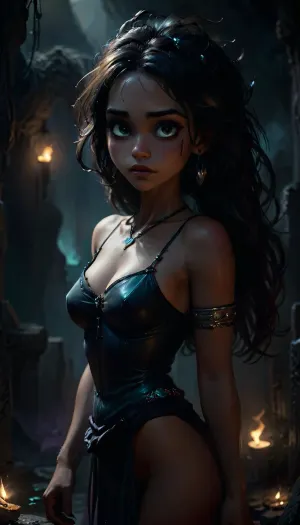 ** Witch girl in a dark night scene.* Her is pulled back in dreadlocks with beads made of clay and silver. His face was thin, his cheekbones sharp, his lips full and red, with a mocking grin that showed his fangs. Her eyes are lined with black, and her pupils glow like hellfire. On the head — a Gothic tiara with amethysts, on the neck and arms — ethnic jewelry with obsidian and turquoise. Her body, with its ample breasts, narrow waist and wide hips, is covered only by a translucent golden cloth that flows over the skin. She stands in the cemetery at night, surrounded by crosses and gravestones, bending over an old marble stone. One hand touches the inscription on the slab, the other is extended in a gesture of incantation. A haze curls around her with the shadows of ravens, and the moon shines a cold light on the stage. The atmosphere is eerie, the sexy curves of the body and the evil look emphasize the mystical threat. Details, ritual scars on the skin, bone bracelets, drapery of cloth exposes the back and shoulders, expression mixes seduction and demonic rage., <lora:dark:2>, <lora:MJ52:1.3>, <lora:Animated_Concept:1.3>, <lora:princess_xl_v2:.5>, skirtlift, <lora:skirtlift_xl:.8>