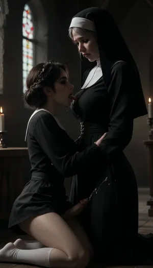 mature_futanari_granny_with_an_innocent_girl, 55_years_old, futanari, penis, medium_breasts, breasts open, skirt up, semen, very_big_cumshot, vintage_long_stockings, girl kneeling, futanari_standing, clothes open, futa granny dominates an innocent girl, girl sucks dick on her knees, futa blows dick in girl's mouth, closed_eyes, ((girl_gives_blowjob)), girl in monastic_cassock, gray_hair, skirt, miniskirt, medium_length_hair, big_ass, futa with girl, girl sucks futa, girl gives blowjob, very_big_thick_thighs, very_thick_thighs, nun's_cassock, open_mouth, cum_in_girl's_mouth, gothic_church_inside, candles, long_sleeves, ejaculation, futanari_with_a_girl, moaning, hug, orgasm, lifted_skirt, runny_makeup, (makeup smeared from tears), tears, (crying), embarrassment, blush, orgasm facial expression, ruined makeup, flowing tears, wrinkles on face, cum on thighs, cum on clothes, nun's headdress, gothic_night_church, center aisle, (photorealistic), (realistic), night, red-blue neon lighting, 20D, erect-futa, erect-penis, woman, testicles, erection, <lora:dark:2>, <lora:detailed_notrigger:2>, <lora:CinematicStyle_v1:2>, <lora:Adjust_SDXL_v3.0:2>, <lora:SDXLlora13ErFut:2>