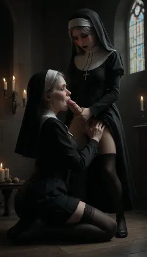 mature_futanari_granny_with_an_innocent_girl, 55_years_old, futanari, penis, medium_breasts, breasts open, skirt up, semen, very_big_cumshot, vintage_long_stockings, girl kneeling, futanari_standing, clothes open, futa granny dominates an innocent girl, girl sucks dick on her knees, futa blows dick in girl's mouth, closed_eyes, ((girl_gives_blowjob)), girl in monastic_cassock, gray_hair, skirt, miniskirt, medium_length_hair, big_ass, futa with girl, girl sucks futa, girl gives blowjob, very_big_thick_thighs, very_thick_thighs, nun's_cassock, open_mouth, cum_in_girl's_mouth, gothic_church_inside, candles, long_sleeves, ejaculation, futanari_with_a_girl, moaning, hug, orgasm, lifted_skirt, runny_makeup, (makeup smeared from tears), tears, (crying), embarrassment, blush, orgasm facial expression, ruined makeup, flowing tears, wrinkles on face, cum on thighs, cum on clothes, nun's headdress, gothic_night_church, center aisle, (photorealistic), (realistic), night, red-blue neon lighting, 20D, erect-futa, erect-penis, woman, testicles, erection, <lora:dark:2>, <lora:detailed_notrigger:2>, <lora:CinematicStyle_v1:2>, <lora:Adjust_SDXL_v3.0:2>, <lora:SDXLlora13ErFut:2>
