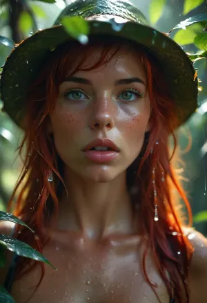 extraordinary close view in a lush rainforest during the monsoon season, after a heavy downpour, the sun breaks through the misty canopy, casting a warm glow on a close view of the face of a blow job given 22-year-old Scandinavian jungle explorer, she sucks tip of a perfect veined cock, (perfect cock:1), (with vibrant red hair and a wet jungle hat:1.3), she is drenched but licking contentedly. The scene is rich in photorealistic detail, capturing droplets of water falling from leaves onto her hat and face, highlighting every wet detail, the atmosphere is serene and beautiful, as the sky clears and sunlight pierces the lush, leafy canopy, creating a captivating, high-resolution close up, perfect eyes, perfect iris, (ziprealism:1.9), 22 years old, photorealistic, ultra-sharp details, realistic skin texture, natural soft light, refined contrast, 8k detail, authentic facial expression, clean composition, (maximum photo quality:1.4), (maximum resolution:1.5), <lora:MJ52:.6>, <lora:Super_Eye_Detailer_By_Stable_Yogi_SDPD0:.3>, <lora:BUT_SDXL_SHS:.3>, <lora:Italian_girl:.8>, <lora:[XL]focus:2>