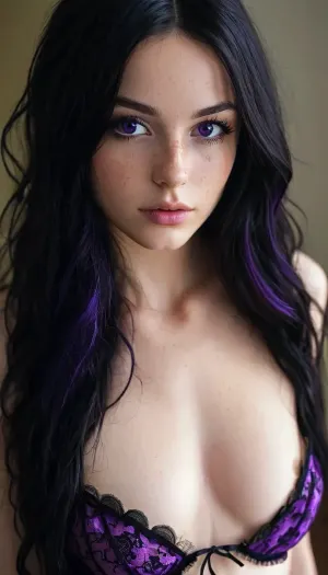 (20 years old woman), long black hair with purple brigtht highlight, ((visible perfect boobs)), gothique lingeries, small breasts, (long legs), perfect face, perfect tits, purple eyes, cute, petite body, slim, fit, (perfect visible pussy), perfect eyes, beautiful face, fluxenh4nce, freckles, <lora:MJ52:.3>, <lora:FLUXEnh4nce:.8>, <lora:SdXL_better freckles_epoch_16:.8>