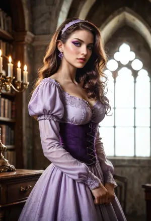ultra HD, masterpiece, high resolution, best quality, UHD 8K, extreme realism, maximum detail, (beautiful victorian woman), standing in a, (dusty old bookshop), long flowing, (deep purple Victorian-era dress with sleeves), with a laced, (corset), B-Cup Breasts, small round ass, slender body, very long brown hair with soft curls, a silver headband in her hair, delicate porcelain features, subtle makeup, calm expression, surrounded by towering shelves of antique books, dark and moody atmosphere, (soft ambient haze in the air), warm candlelit tones, light rays catching floating dust particles, shallow depth of field, high detail, (dramatic light), (cinematic), (photorealistic), 85mm lens, f/1.8, ultra-high resolution
