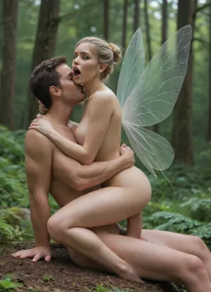 A small petite pixie fairy, 38 yo, nude, no dress, no makeup, no jewellery, grinding and riding on a human cock feverishly, cock is bigger than her body, gripping it tightly, side view, in a fairy tale enchanted Forest, blonde hair up in a bun, natural hanging saggy breasts, chested, fairy wings, hugging and straddling a massive body sized cock, licking and humping giant cock, screaming, wrapping legs around, sucking on the tip, aerial cumshot, fairy is much smaller than man