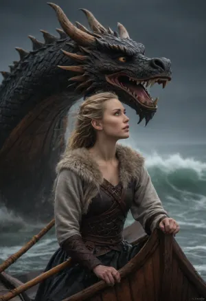Amidst a raging storm, a Viking dragon boat surges through the waves. At the bow, a wooden dragon head, carved and painted in natural wood tones, intimidates foes. In the foreground, the young woman clings to the dragon head, her arm resting on it for support, her features rendered in exquisite detail—skin, eyes, and lips all vivid and lifelike. Behind her, rugged, bearded Vikings struggle against the storm, their forms softened and blurred by the rain and spray. This creates a dynamic, detailed scene that balances realism and myth., (ziprealism:1.1), 22 years old, ultra-sharp details, realistic skin texture, natural soft light, refined contrast, 8k detail, authentic facial expression, clean composition, (maximum photo quality:1.4), (maximum resolution:1.5), haze, <lora:Vikings:1.4>, <lora:EnvyHazeSliderXL01:.8>
