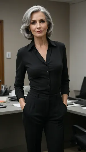70 year old woman with thick wavy gray hair, (She has an asymmetrical bob haircut), 1girl, (standind in office1.2), working, perfect shirt, (full dressed:1.4), beautyful woman 70 years, russian woman, caucasian, european, black office clothes, businesslady, stunningly beautiful woman, (small sagging breast:1.2), thick, dressed big chest, office lady, sfw, (black business suit:1.2), (black skinny pants:1.3), cleavage, decolette, dynamic pose, full body, Thick eyebrows, makeup, Sharp nose, Big eyes, Busty lips, Makeup, Long eyelashes, white woman, gray hair, thick gray hair, tanned skin, gold round earring, office, office high waist black pant and office white shirt, see the full body, shirt in pants, secretary shirt, secretary high waist pants, huge, crepey neckline, wrinkled hands, age spots