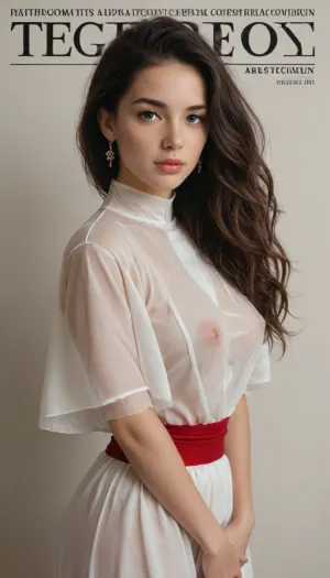 (adult magazine cover), (adult DVD cover), (special limited edition), masterpiece, oriental uyghur, 1girl, new_look, Fresh_face, adorable round face, mesmerizing, pretty, beautiful, unmatched beauty, clean_look, long_hair, satsnic nun, white clothes and red sash, transparent clothes, circle backlight, see-through clothes, side profile portrait, devoted praying, braless, puffy natural large_breasts and erected_nipples under transparent_clothes, (perfect fingers), (perfect human anatomy)