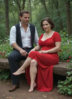A mature woman sits in a forest clearing surrounded by flowers. Her face radiates beauty, and her hairy pussy is visible from beneath her red dress. Her hairy crotch peeks out from under the hem. She is barefoot, wearing only a dress. A man, (1.3), sits next to her, trying to put his hand under her skirt. Couple