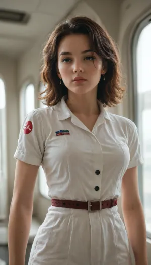 vertical angle, high details, white gradient, Shinya Yamashita style, old-school retro science fiction, cyberpunk, space warrior girl, modern hand-drawn anime