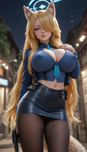 masterpiece, 4k, perfect composition of lights and shadows, cold look, sidelong glance, foxy, babe, cute, beauty, sexy, lovely, belle, prety, (quarter closed eyes, wolf ears, yellow long hair, hair over one eye, kanna from blue archive:1.4), (covered breasts, chichibukuro, deep skin, deep cleavage, (erect nipples, curvy upper body, huge huge massive tits, slim lower body, big ass), (kanna police uniform:1.3), black pantyhose, highwaist mini pencil skirt, tight blouse, blouses in skirt, tie fill in cleavage, jacket on blouse, gun holster), lunatic smile, seethrough navel, buttcrack, cross legs, lots of sweaty drip, steaming body, bending over, hand into skirt, rubing own crotch, salute, hand to neck, handcuffs, coffee cup, from below